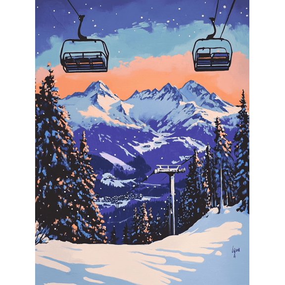 Winter Mountain Ski Lift Canvas Print/Wall Art, Perfect for Living Room,Office, Cabin, Ski Lodge Decoration