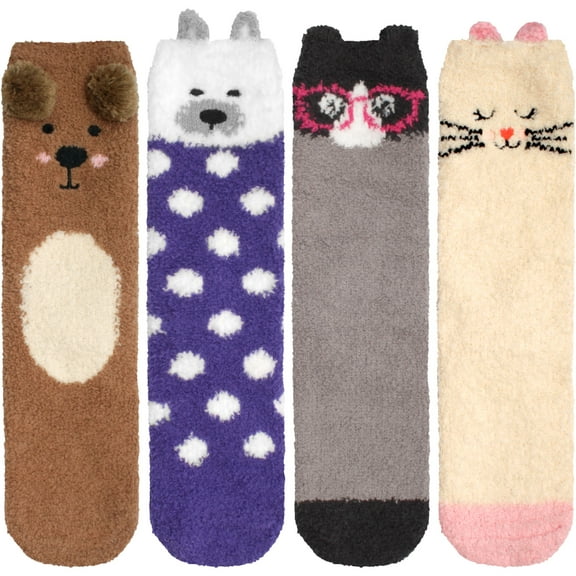 Super Soft Warm Cute Animal Non-Slip Fuzzy Crew Winter Socks - 4 Pairs - Assortment C
