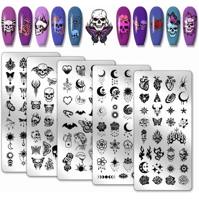 Juego de 5 placas para estampar uñas con diseños góticos: plantillas para manicura con luna, estrella, mariposa y flores.
