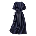 thumbnail image 4 of Uscallm Women's Round Neck Short Sleeve Tie Flowy Dress A Line Midi Casual Vacation Dresses, Navy XL, 4 of 6