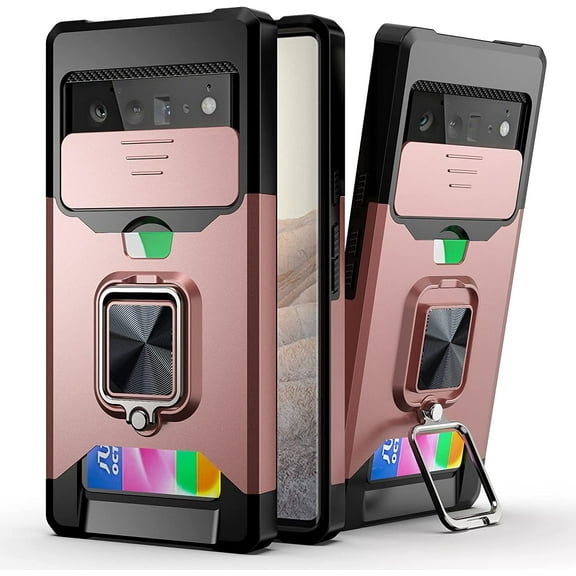 for Google Pixel 6 Pro Sliding Window Case with Card Holders, Cover with Slide Camera Protection Built-in Magnetic Kickstand Case for Google Pixel 6 Pro TC Rose Gold