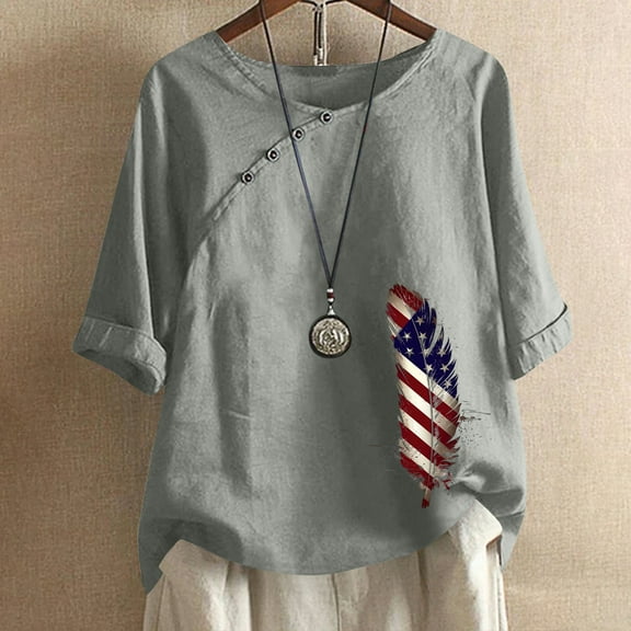 ZHUGeLI 4th of July Shirt for Women Women's Cotton And Linen Printed T-shirt For Slimming And Casual Personality Printing Top For Women's Clothing, American Flag Patriotic Shirts 2024