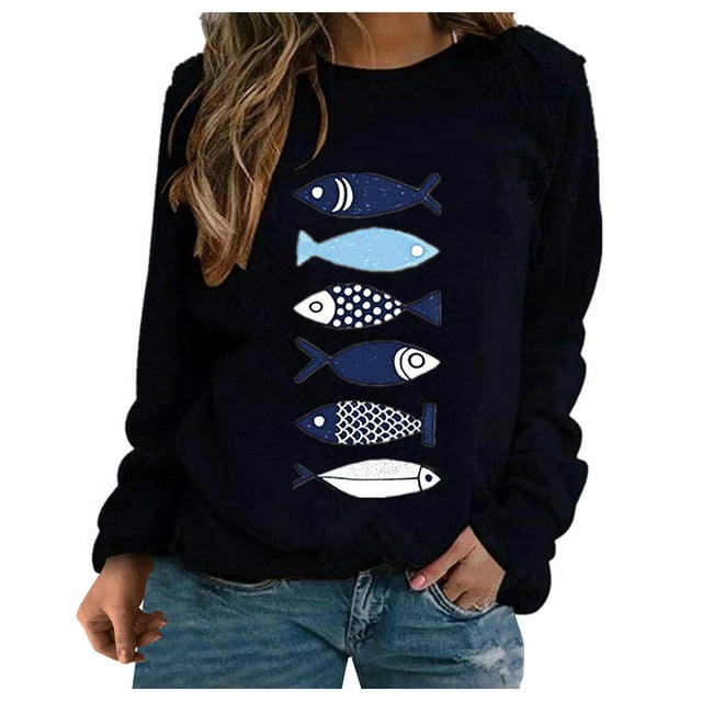 Manches Longues pour Femmes Mode Femmes Petit Poisson Imprimé Manches Longues Chandails en Molleton Hauts