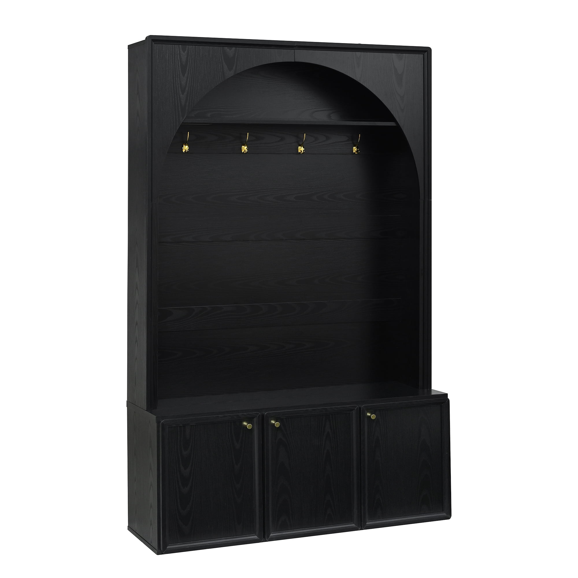 T-Foyer Farmhouse Black Hall Tree with 4 Hooks & 3 Cabinets, Wooden Rustic Entryway Organizer with Open Storage