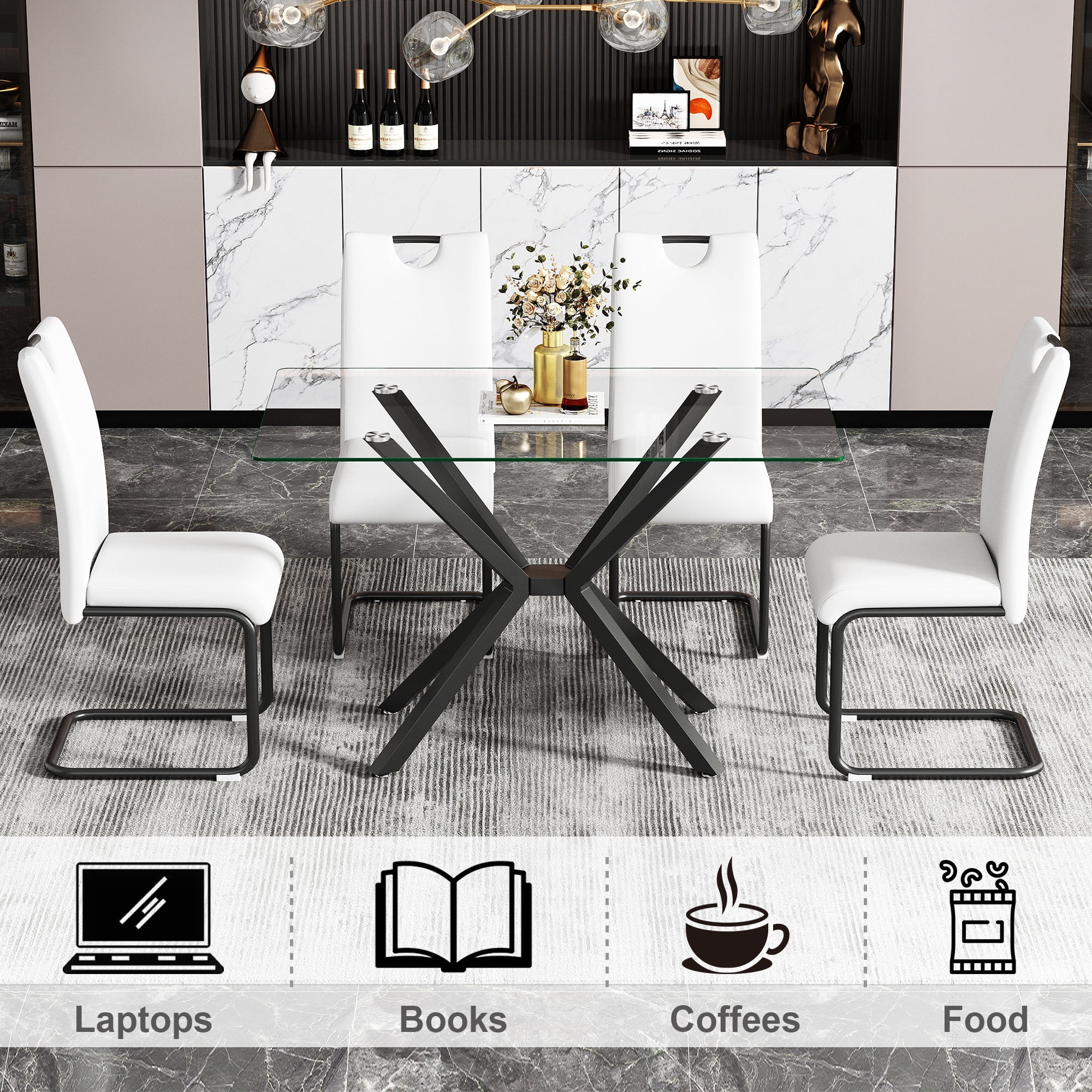 Miniyam 47" Modern Glass Dining Table for 4, Rectangular Tempered Glass Top with Metal Legs, Clear