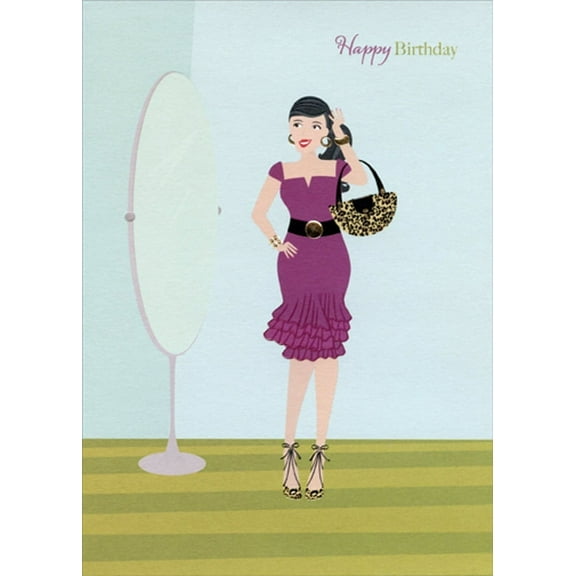 Designer Greetings Woman in Purple Dress Looking in Mirror Funny : Humorous Feminine Birthday Card for Her : Woman : Women