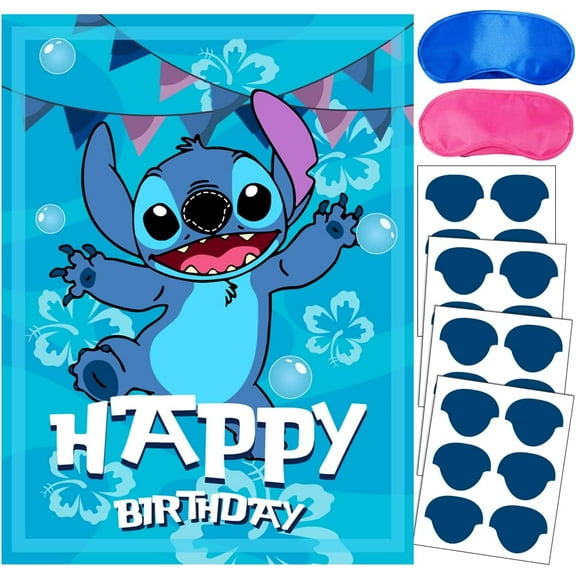 Playful Stitch Party Supplies Decorations, Cartoon Stitch Birthday Party Pin Game, Large Poster 24PCS nose stickers for Stitch Birthday Party Favors Decorations