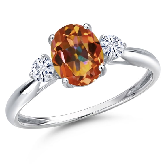 Gem Stone King 10K White Gold Ecstasy Mystic Topaz and White Moissanite 3-Stone Ring for Women | 1.70 Cttw | Oval 8X6MM | Gemstone November Birthstone | Size 7
