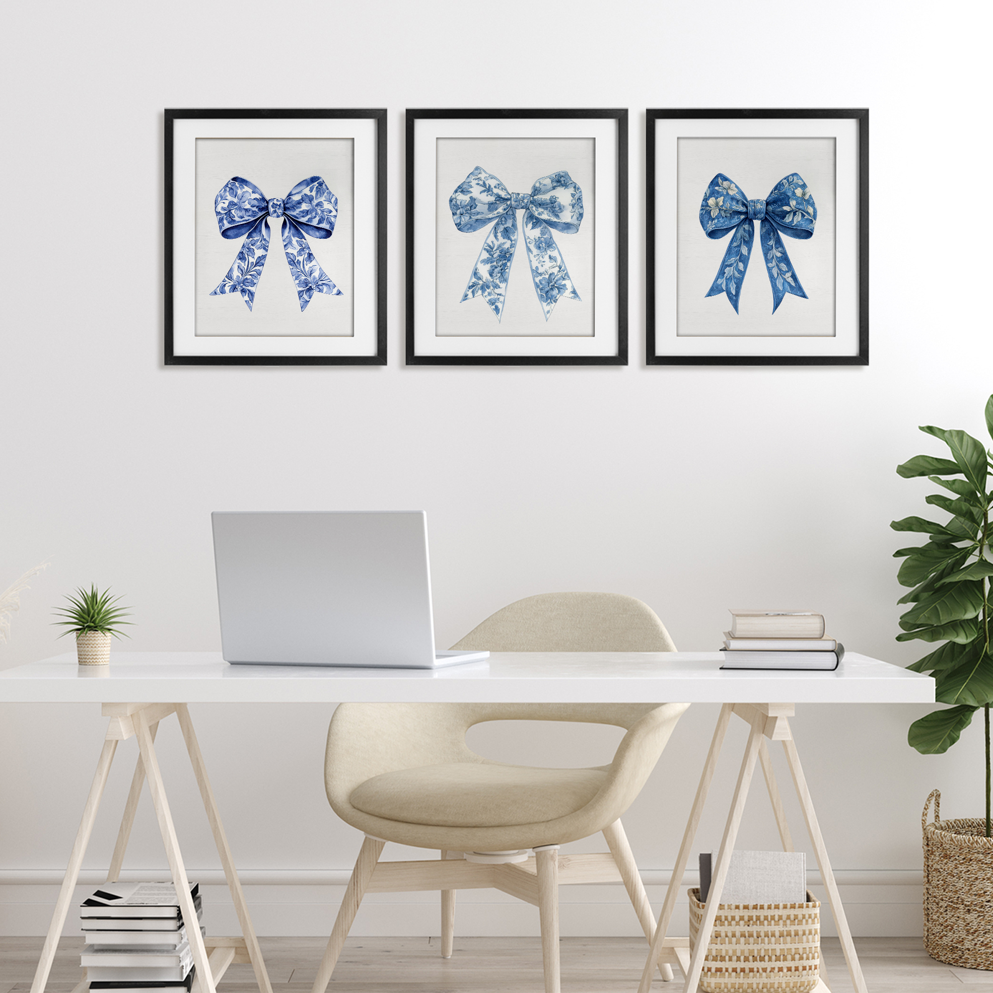 Vintage Toile Pattern Bows 3 Piece Black Framed Print Under Glass Set, design by Lettered and Lined