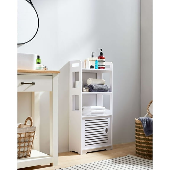 Kings Brand Furniture Basic Plastic Wood Storage Cabinet for Bathroom, 3 Open Shelves, 1 Cabinet, White