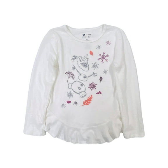 Disney Frozen Girls White Soft Long Sleeve Ruffle Hem Olaf T-Shirt Tee Shirt 6X