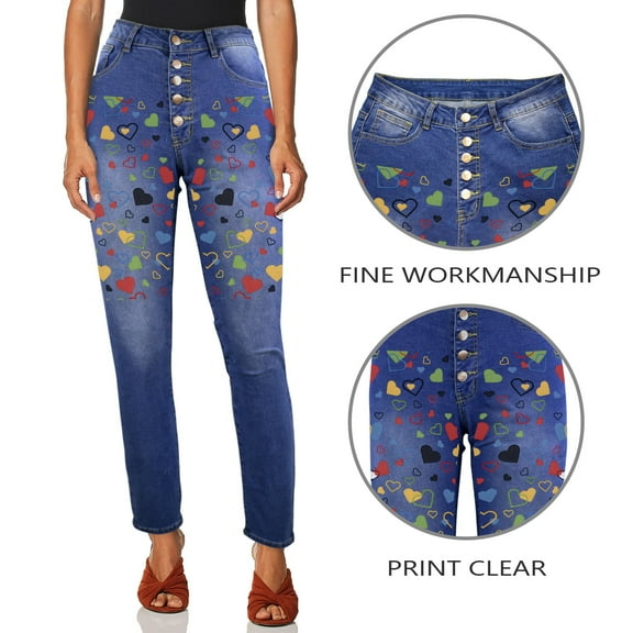 Ladies Printed Jeans - Hollow Hearts Women's Jeans (Front Printing) - S