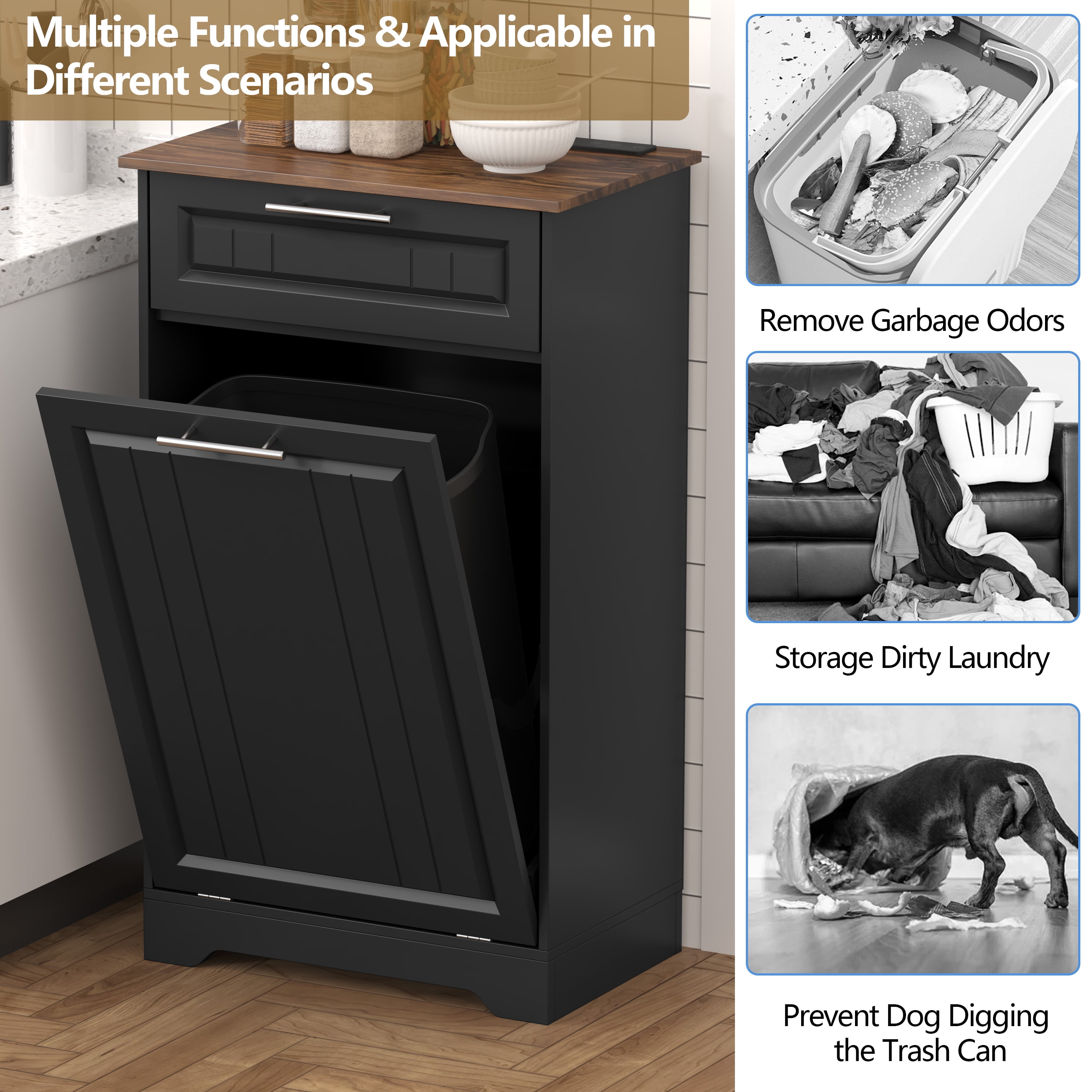 Single 10 Gallon Tilt Out Trash Can Cabinet with Deodorizing Function, Wooden Hidden Garbage Can Holder with Storage Drawers for Kitchen and Dining Room, Laundry Hamper Cabinet for Bathroom, Black