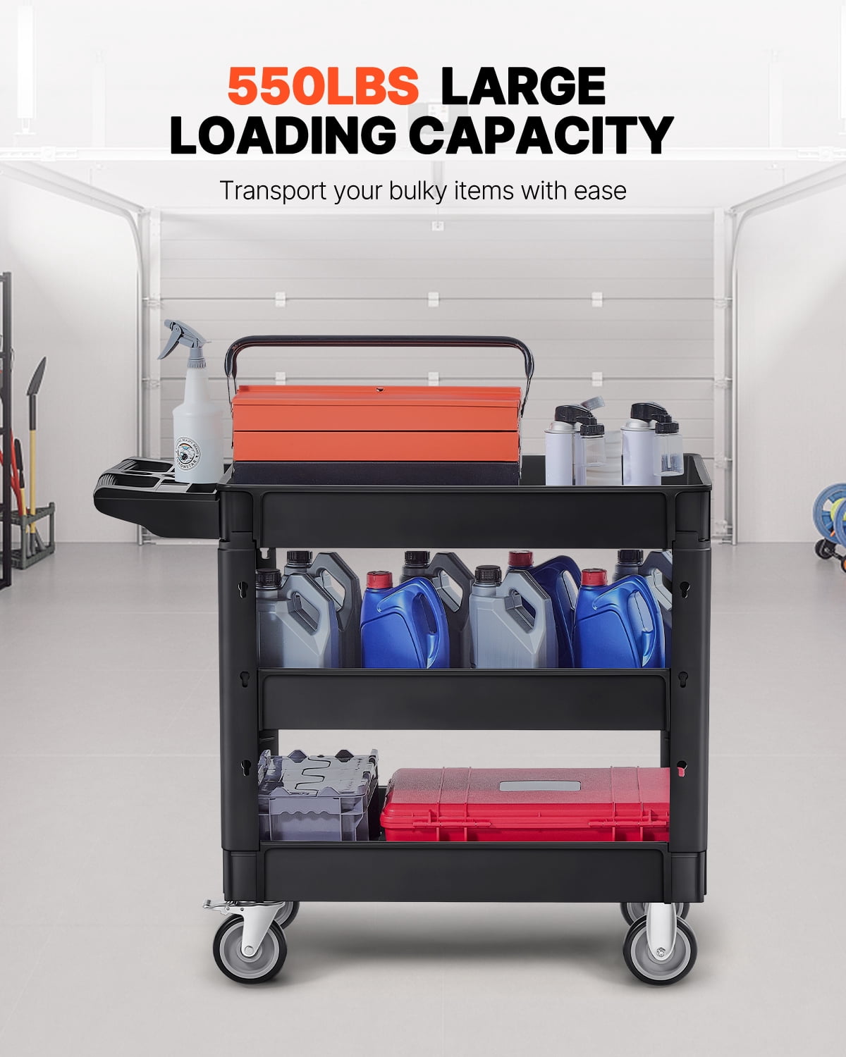 VEVOR Utility Service Cart, 550 LBS Laod Capacity, 3 Shelf Heavy Duty Plastic Rolling Utility Cart with 360° Swivel Wheels (2 with Brakes), Ergonomic Storage Handle for Warehouse/Garage/Cleaning