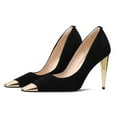 thumbnail image 2 of FSJ Women Classic Square Closed Toe Pumps Slip On Cone High Heel Gold Cap Toe Wedding Office Casual Dress Shoes Size 7.5 Black, 2 of 5