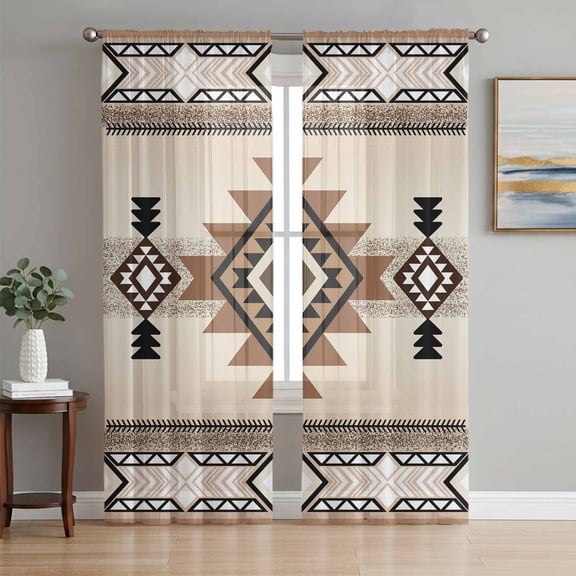 Southwest Sheer Curtains 63 Inch Length 2 Panels Set, Brown Bohemian Abstract American Aztec Voile Window Treatment Rod Pocket Curtains Sheers Drapes for Bedroom/Living Room/Kitchen 52x"63"x2