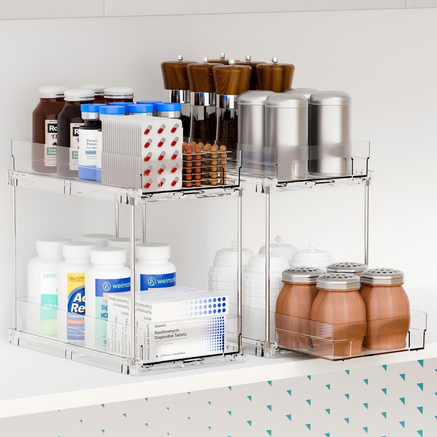 RGHJAR-2 Set,2 Tier Pull Out Cabinet Organizer for Supplement and Medication Bottle Organizers,10.4" Deep Pantry Organizers Drawer and Sliding Clear Under Sink Organizer for Bathroom Vanity and Under
