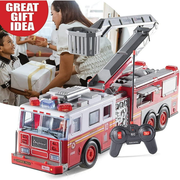 Prextex 14-inch RC Fire Engine Truck with Ladder, Lights, and