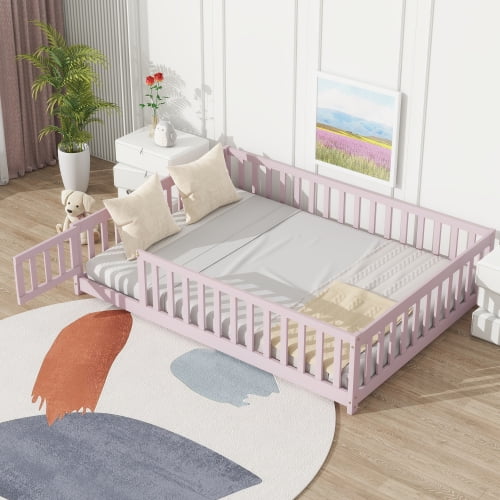 Full Size Floor Bed with Fence and Door, Rubber Wood Low-Profile Bed with Safety Guardrails for Bedroom, Guest Room, Pink