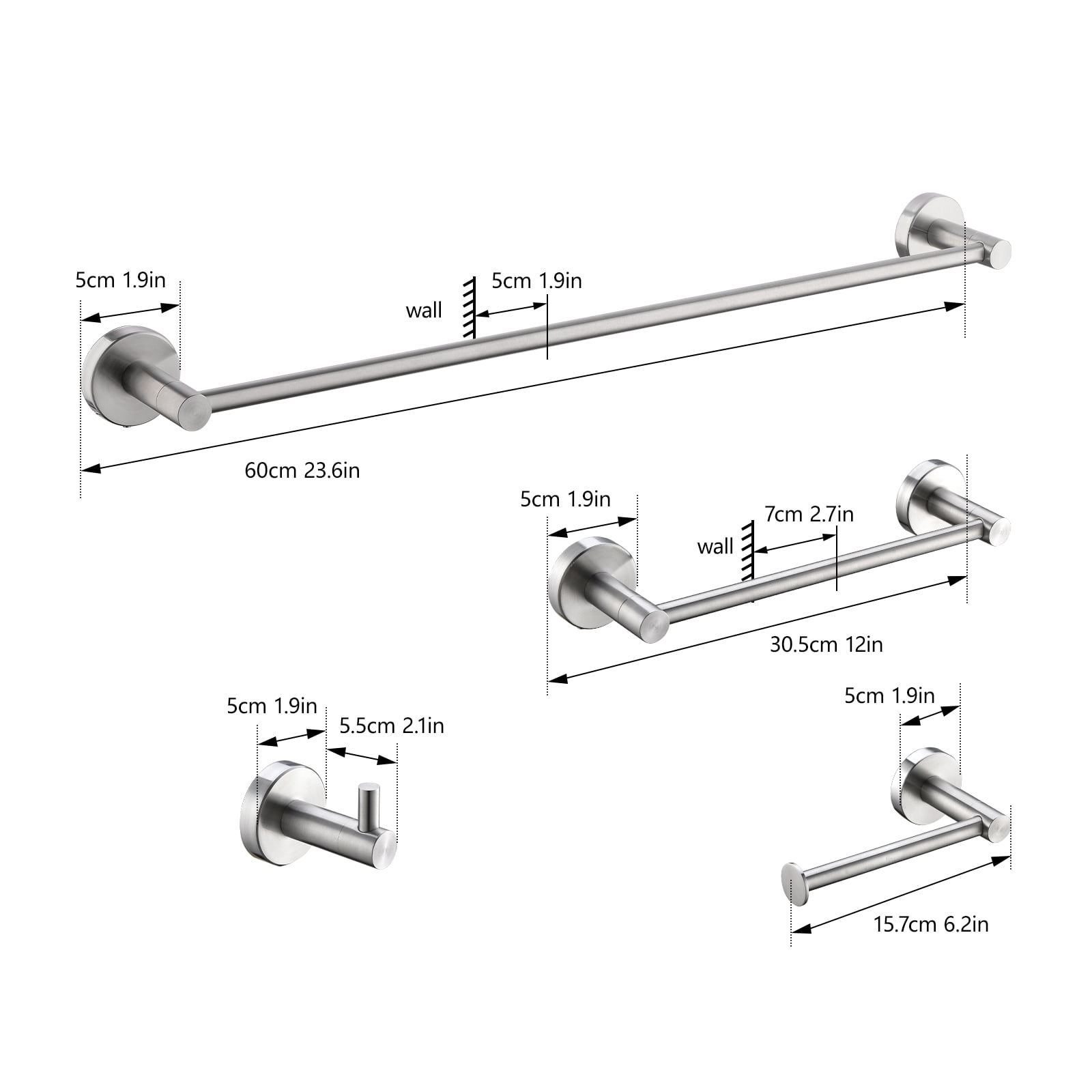 4-Piece Brushed Nickel Stainless Steel Bathroom Hardware Set, Towel Bars, Toilet Paper Holder & Robe Hook Wall Mount Bathroom Accessories Kit