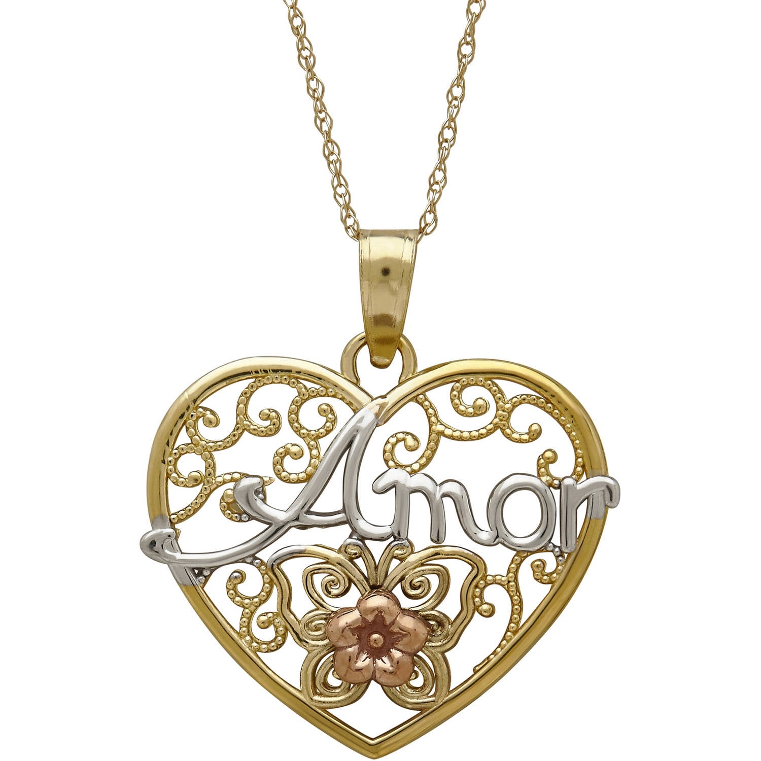 Simply Gold Precious Sentiments 10kt Yellow, White and Pink Gold Filigree Heart with "Amor" (Love) and Flower... by Richline Group Inc