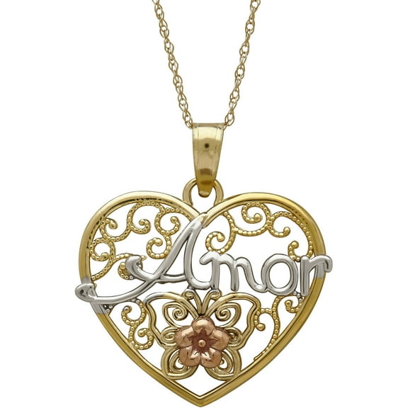 Simply Gold Precious Sentiments 10kt Yellow, White and Pink Gold Filigree Heart with "Amor" (Love) and Flower Pendant, 18" Necklace