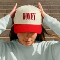 thumbnail image 3 of HONEY Embroidered Trucker Hat for Women, Bold Statement Snapback Cap, Adjustable 5 Panel Mesh Design, Trendy Gift for Girlfriend, Bestie or Yourself, 3 of 5
