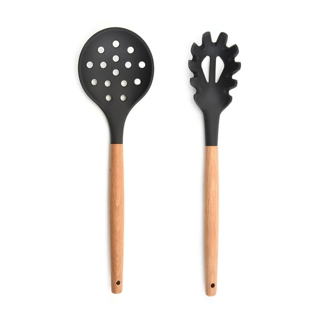 Juego de 2 utensilios de cocina de silicona para encimera, utensilios de cocina de madera