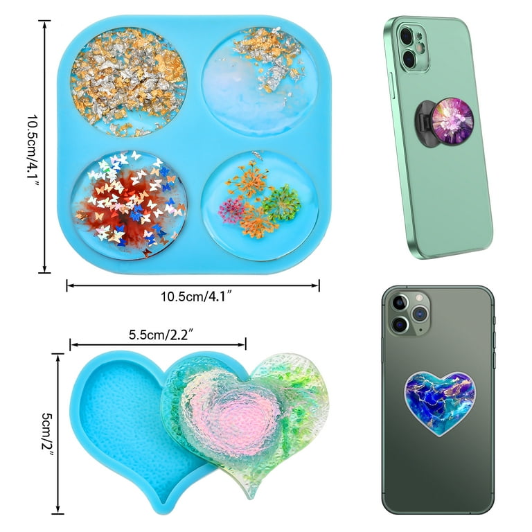 Phone Grip Mold with 4PCS Cellphone Socket Phone Holder Epoxy Resin Molds  Holographic Light and Shadow Mold 4 Cavity Circle Casting Molds DIY  Silicone