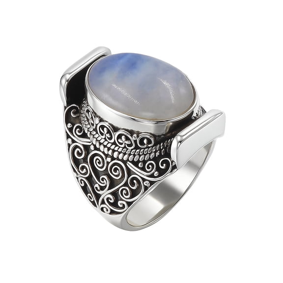 Real 925 Sterling Silver Designer Ring for Men Women, Genuine Moonstone Gemstone Finger Rings, Handmade Ethnic Filigree, Fashion Jewelry for Gifts, Adjustable Ring Size