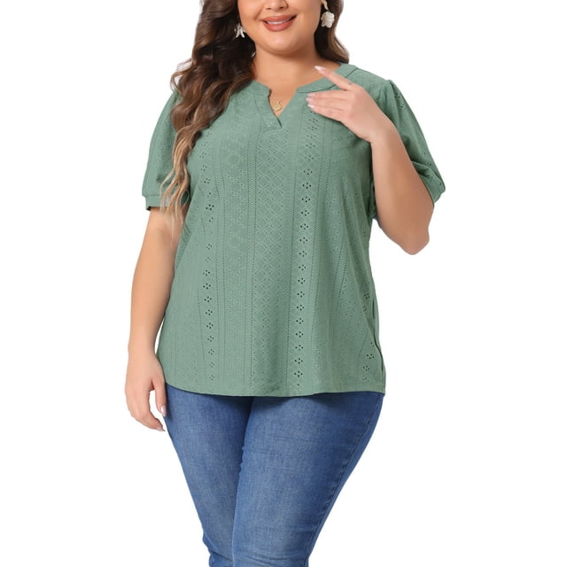 Blusas de verano de mujer plus size Agnes Orinda, con escote en V, mangas cortas y diseño hueco, talla 1X, color verde