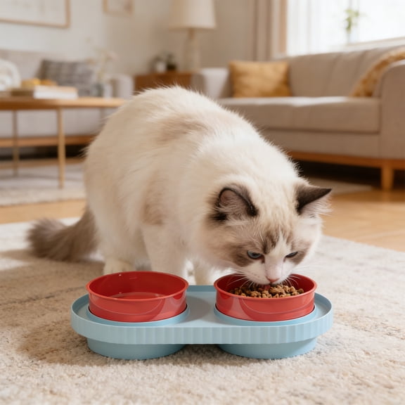 Dog and Cat Double Bowl Feeder 2 in 1 Non Slip No Spill Pet Food and Water Bowl, Easy to Clean Plastic Dish for Small and Medium Pets
