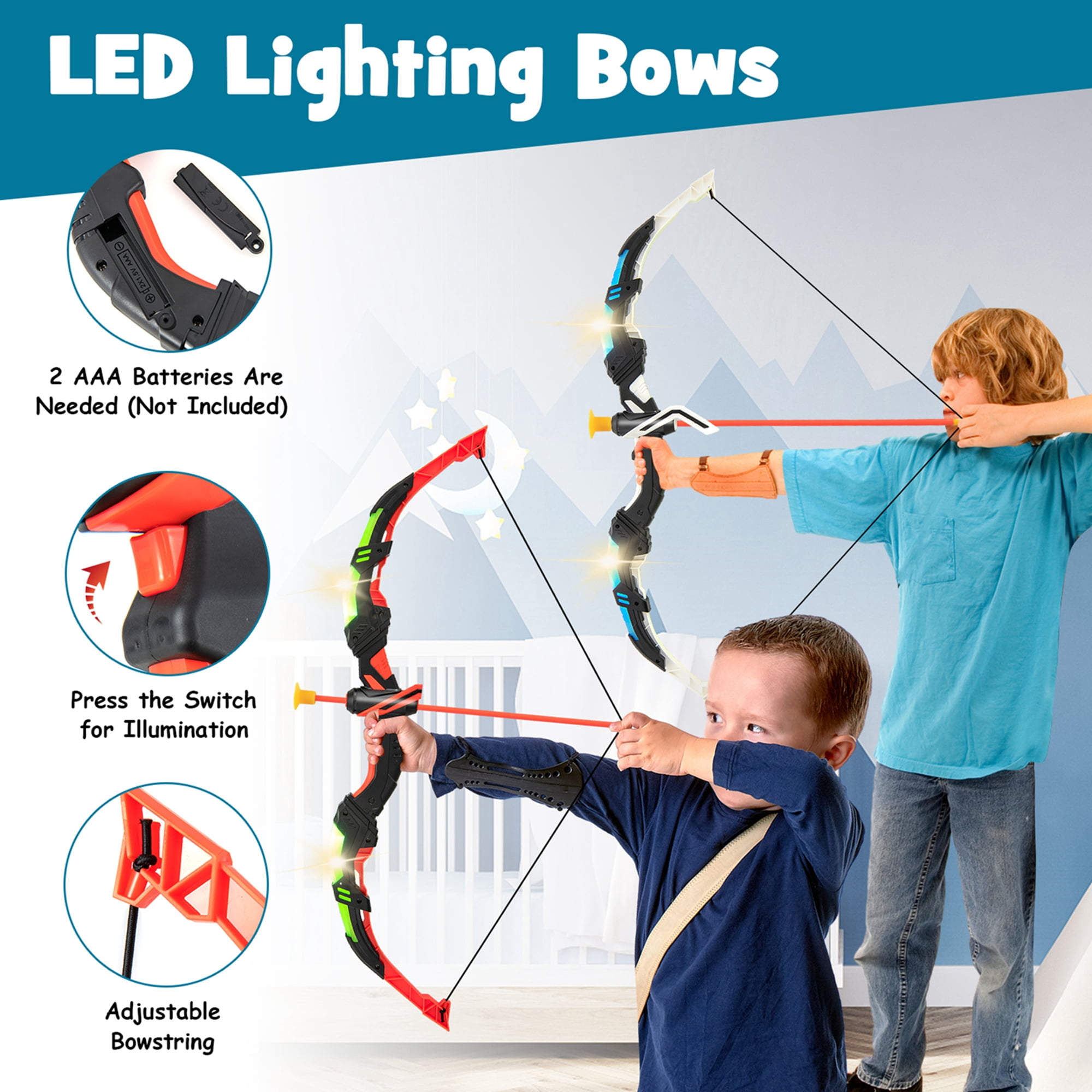 Costway 2-Pack Bow and Arrow Set for Kids LED Light Up Archery Toy with 20 Suction Arrows