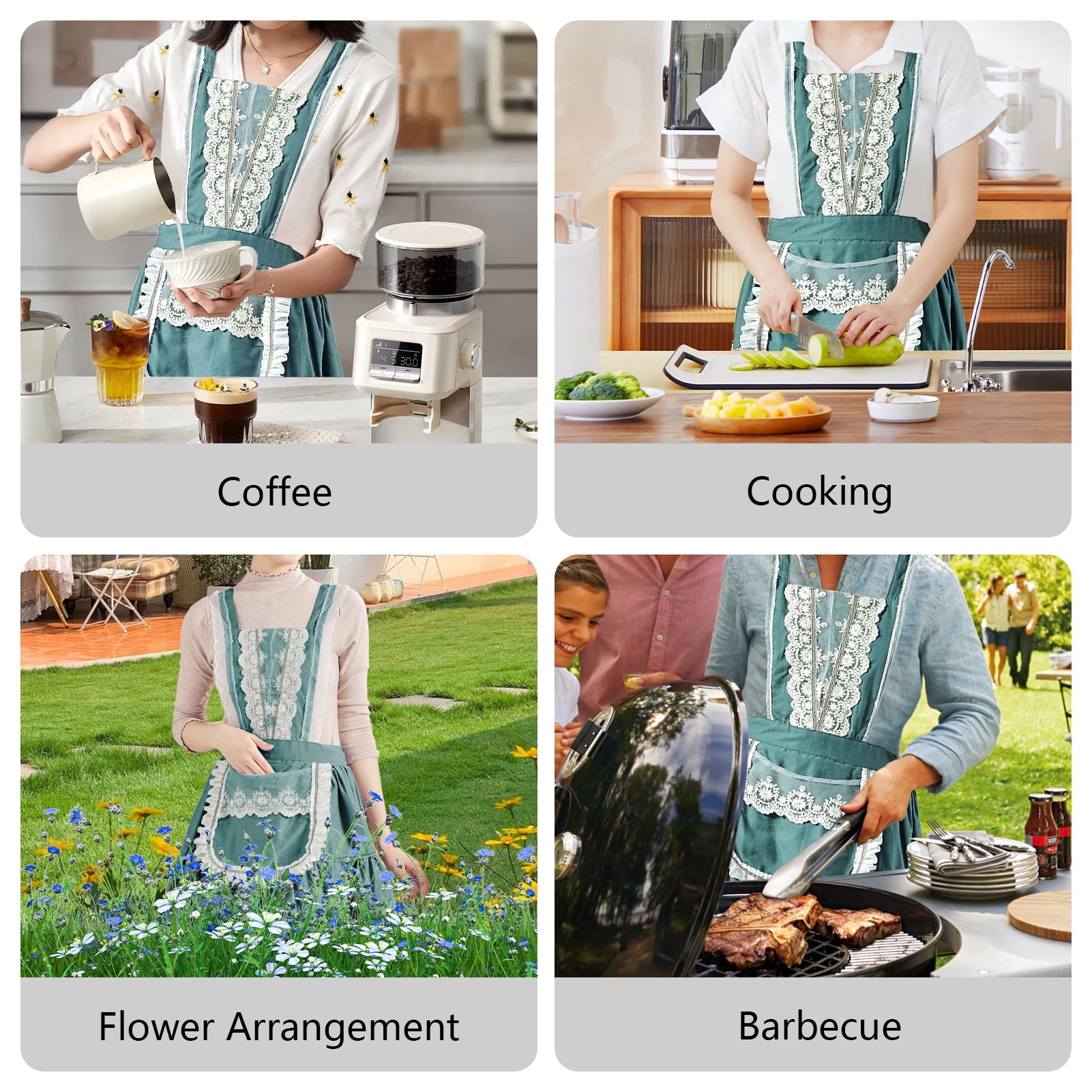 FEOYA Women Baking Apron Cotton Vintage Apron Kitchen Apron with Pockets Chef Lace Aprons Dress for Cooking Baking Gardening Work Cake Green