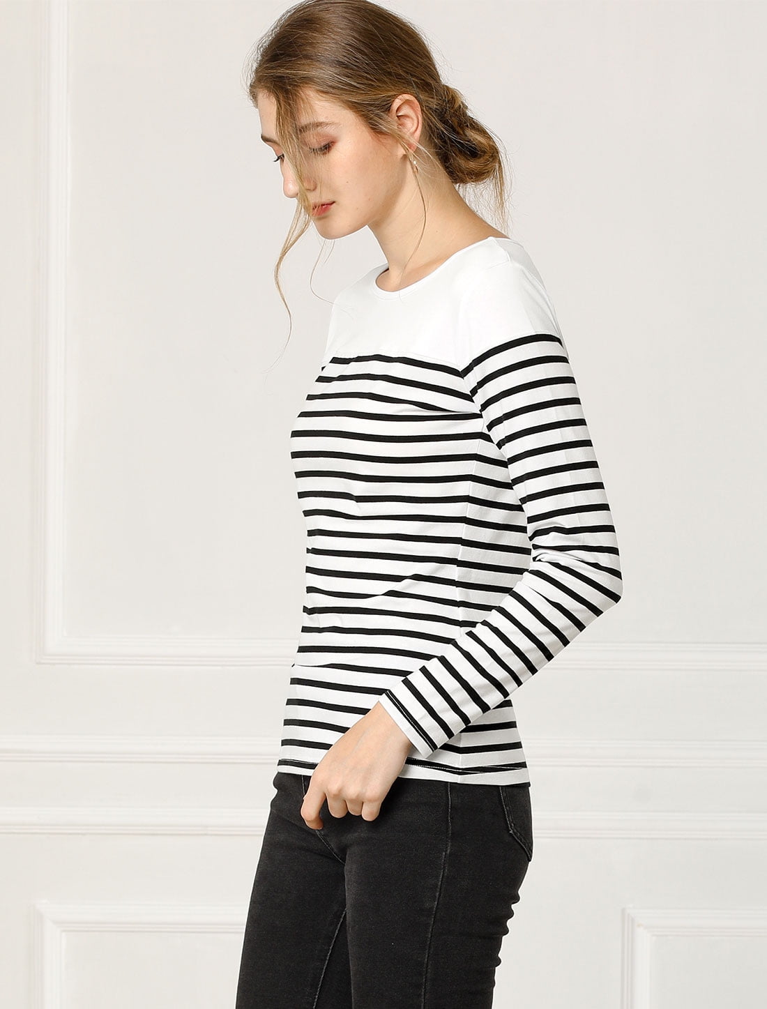 DARING DIVA Women's Color Block Striped Knit Top Long Sleeves T-Shirt 2XL Black-White