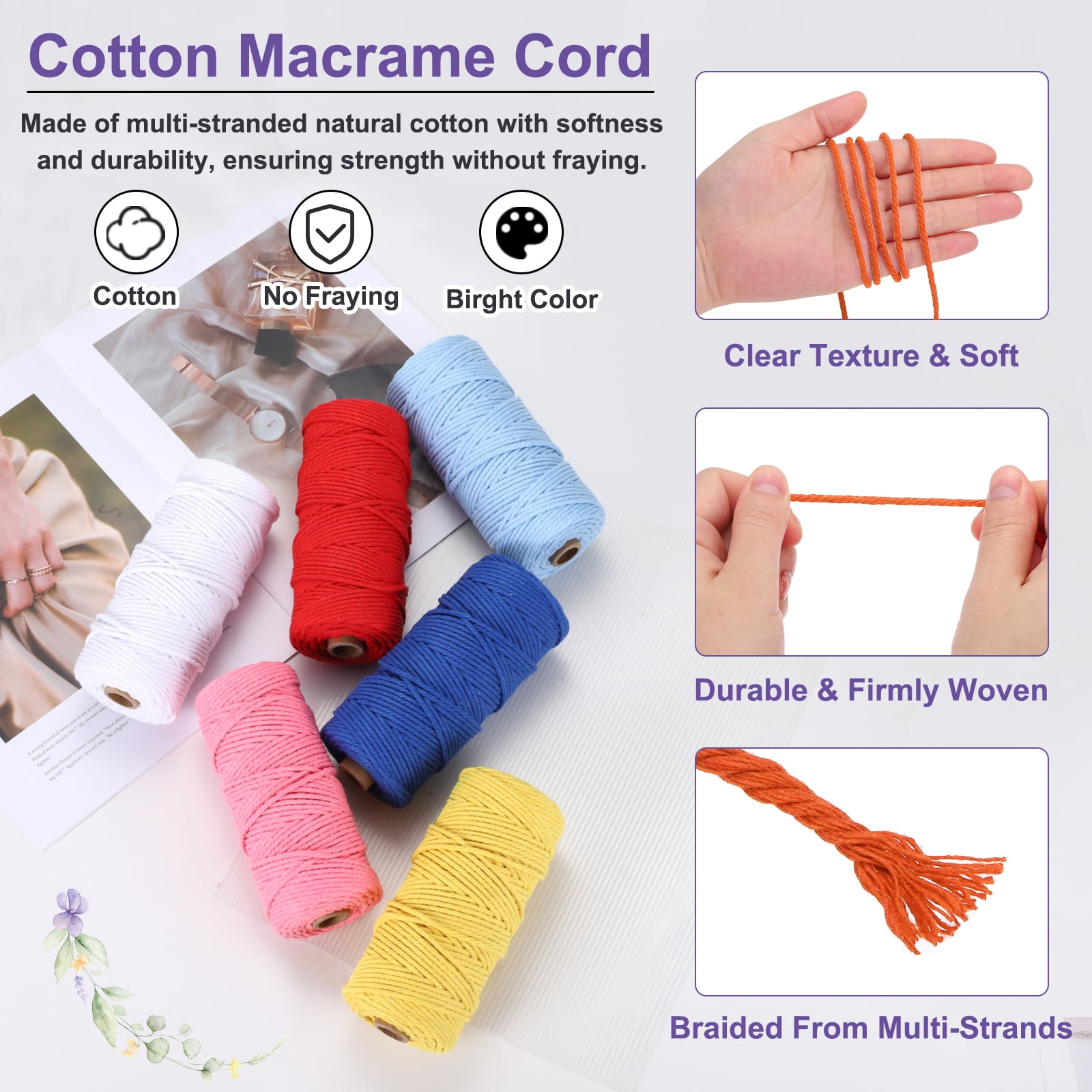 Braided Macrame Cord, 3mm x 109 Yards Natural Cotton Rope Macrame Yarn Bohemia Craft String with Scissors(Orange)