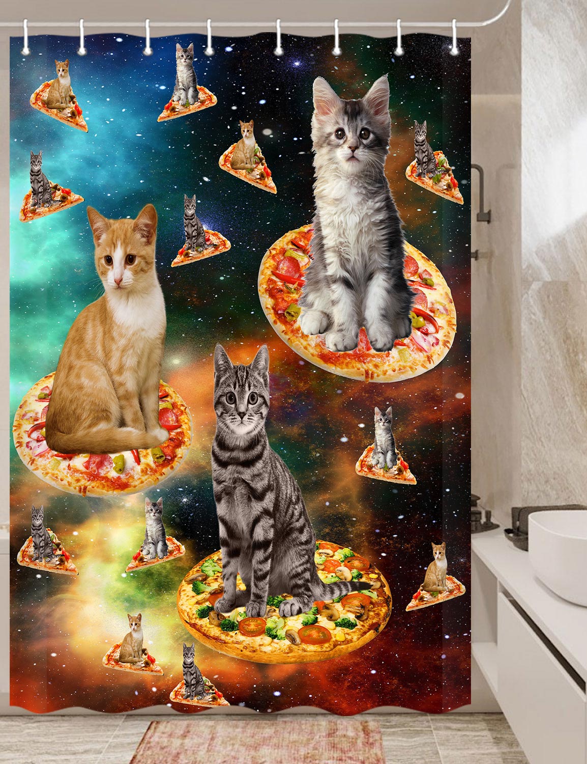 Cats Shower Curtain, Cool Cats in Outer Space Hilarious Shower Curtain for Travel Trailer
