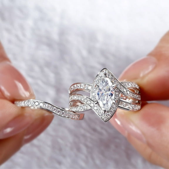 Blue Jewelry Marquise Cut Excellent 1.6 Ct Diamond Engagement Ring - 14K White Gold Plated Wedding Anniversary Ring - Bridal set ring for women's - Engagement Wedding Ring With Matching Band for Her