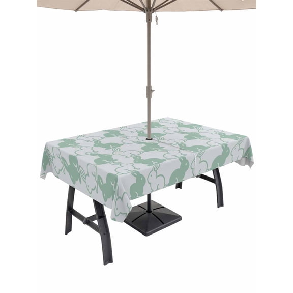 Happy Easter Bunny Outdoor Tablecloth - 60x102 Inch Rectangle Dining Table Cover, Gray Green Rabbits Animal Cartoon Waterproof Outdoor Table Cloth with Umbrella Hole & Zipper for Picnic/Patio/Party
