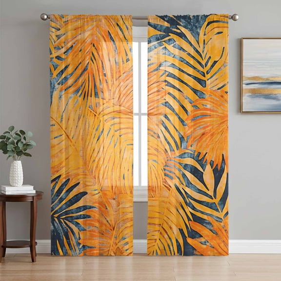 Orange Botanical Sheer Curtains 63 Inch Length 2 Panels Set, Modernism Tropical Palm Leaf Voile Window Treatment Rod Pocket Curtains Sheers Drapes for Bedroom/Living Room/Kitchen 52x"63"x2