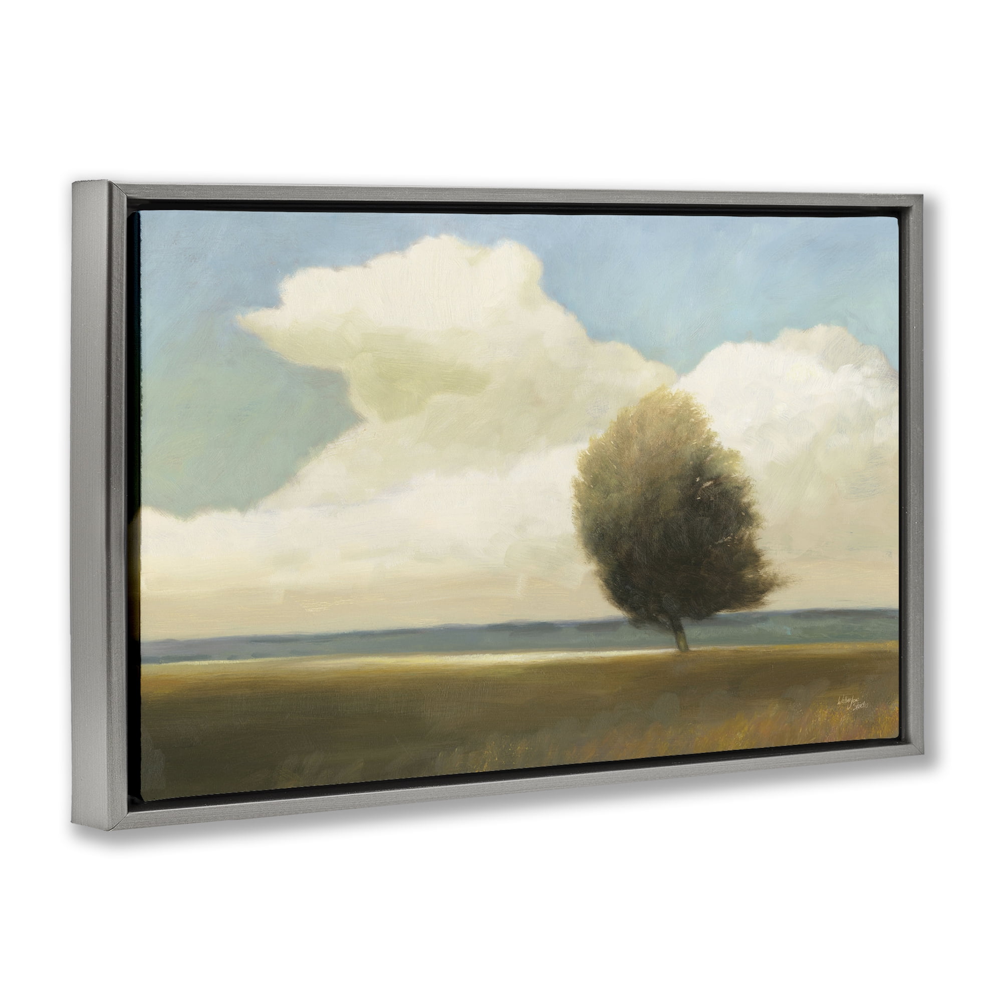 Stupell Industries Windblown Tree Landscape Landscape & Nature Painting Gray Floater Framed Canvas Art Print Wall Art, 25 x 17