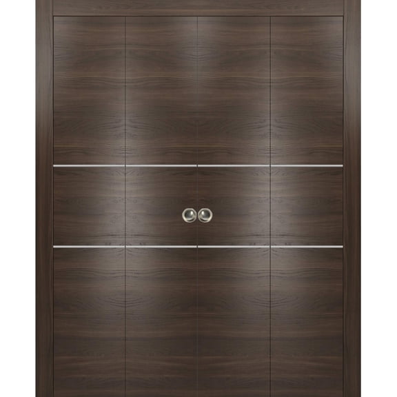 Sliding Closet Double Bi-fold Doors | Planum 0110 Chocolate Ash with Frosted Glass | Sturdy Tracks Moldings Trims Hardware Set | Wood Solid Bedroom Wardrobe Doors