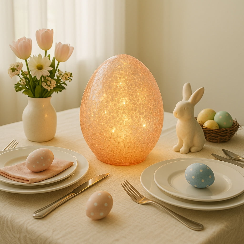 6 Inch LED Lighted Easter Egg Decor, Crackle Glass Illuminated Egg with Warm White Fairy Lights, Battery Operated Spring Table Centerpiece Pink