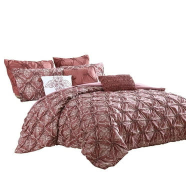 Benjara Veria 8 Piece Queen Comforter Set with Printed Microfiber Fabric The Urban Port, Pink
