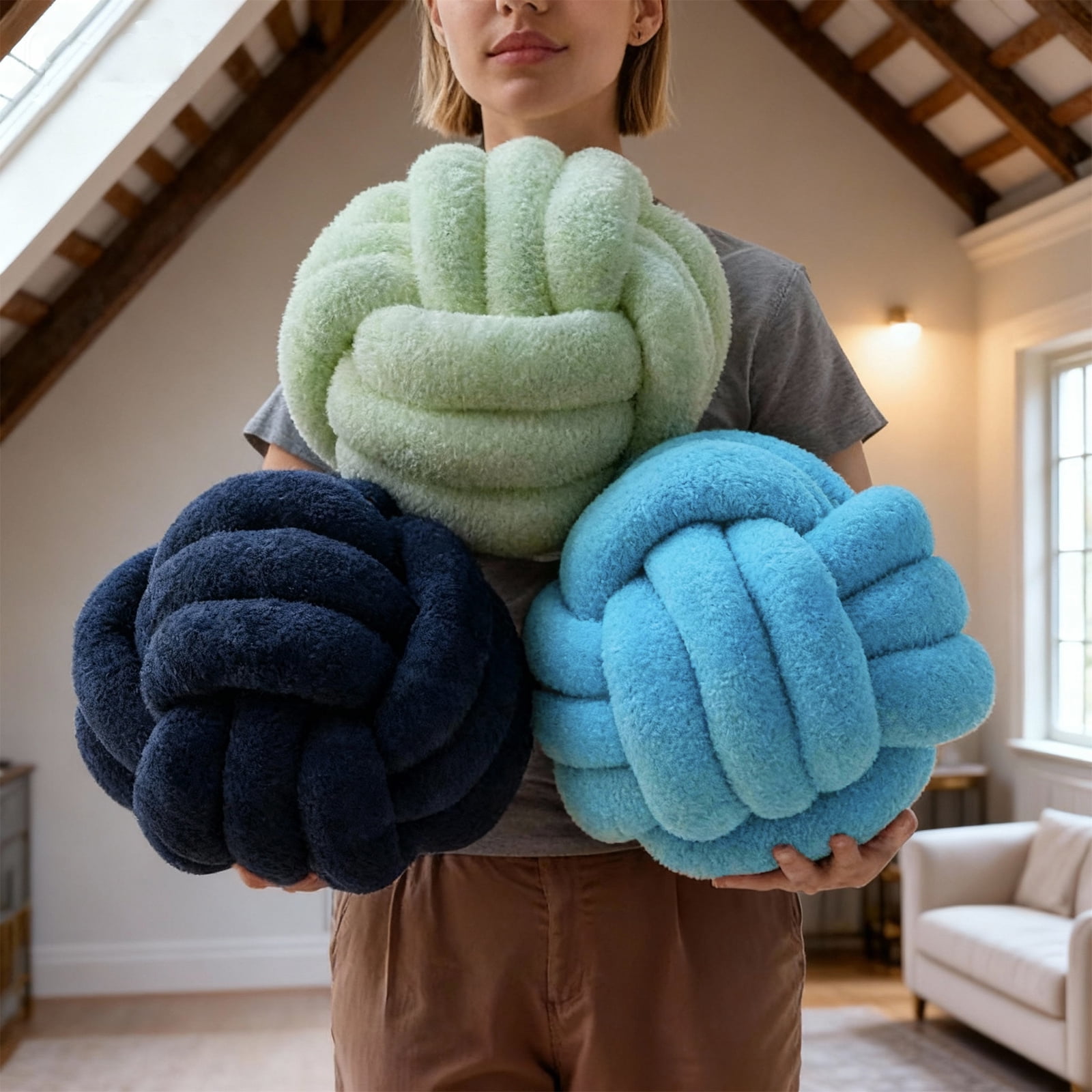 Knot Pillow Ball Plush - Decorative Throw Pillows for Bed Stress Relief, Round Knot Cushion for Sofa Decor Pet Toy, Navy 12 Inch