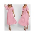 thumbnail image 3 of Yunliwuli Women Midi Dress Solid Color V-Neck Tie Knot Front Ruched Short Sleeve Dress Summer Casual Dress A-line Dress, 3 of 9