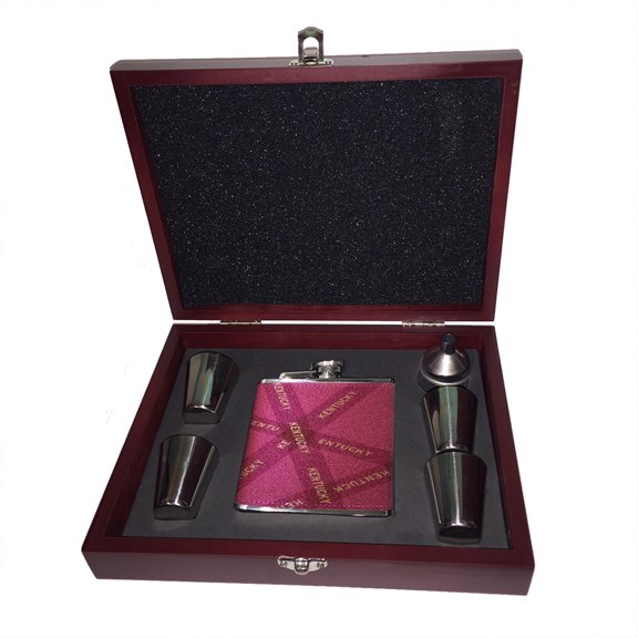 KuzmarK 6 oz. Leather Flask Set in Rose Wood Presentation Box -  Kentucky Pink Pride