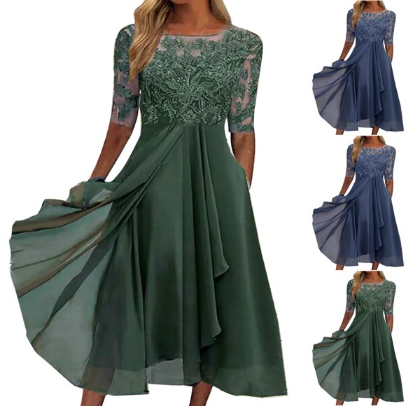 Women's Knee Length Chiffon Dress Clearance Solid Lace Crochet Splicing Vintage Holiday Half Sleeve Autumn Dresses Boho Boat Neck Elegant Casual Mesh Green S