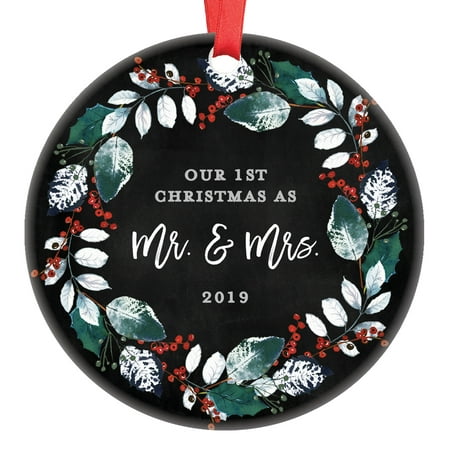 First Christmas Wedding Ornament 2019, Mr and Mrs 1st Married Christmas Ornament Bridal Shower Gift Newlywed Present Ceramic Wreath 3