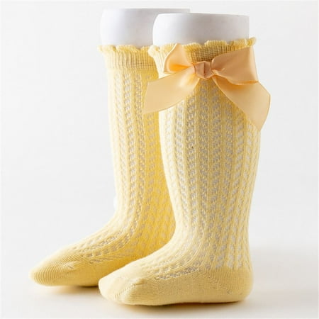 

Baby Girl Bowknot Cotton Breathable Solid Color Bow Knee High Fishnet Socks Royal Style Knee Stockings Long Stocking YELLOW